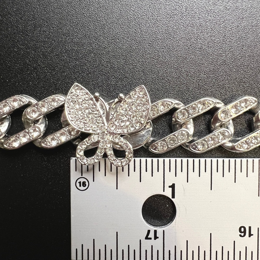 Butterfly Cuban Link Chain Necklace Silver Tone Y2K Rhinestone Bling Iced Out - Picture 8 of 9